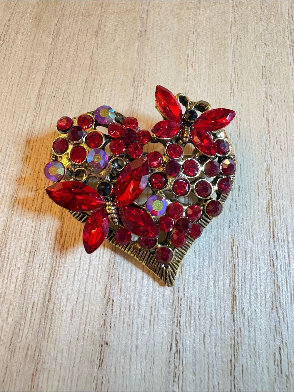 Red Crystal Heart Brooch with Butterfly Accents